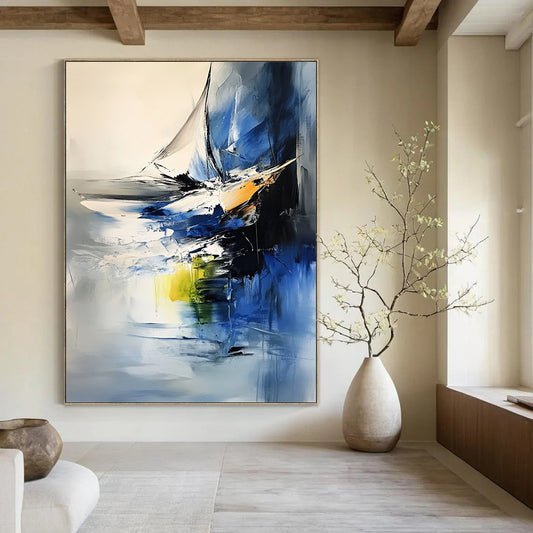 Contemporary abstract art featuring oil and water textures with vibrant color contrasts and a minimalist sailboat in an expressionist sea composition. DLZ0956