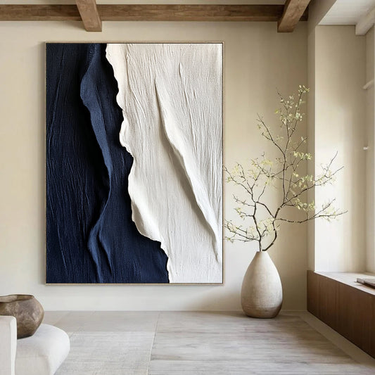 Contemporary hand-painted abstract artwork features textured white and navy blue silk, elegantly draping to create a striking visual impact on any wall. DLZ1250