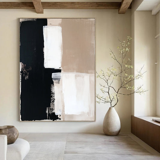 Contemporary hand-painted abstract artwork in beige and black tones, featuring white squares on a clean white background, perfect for modern decor. DLZ0694