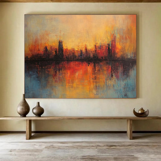 “Sunset City Reflection” - Orange, Red, Blue, Abstract City Sunset Reflection HB1135