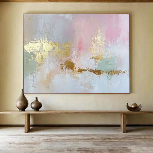 “Blush and Gold Elegance” - Pink, Gold, Gray, Green, Soft Textures - Abstract Minimalist - Inspired Acrylic Painting HB1554