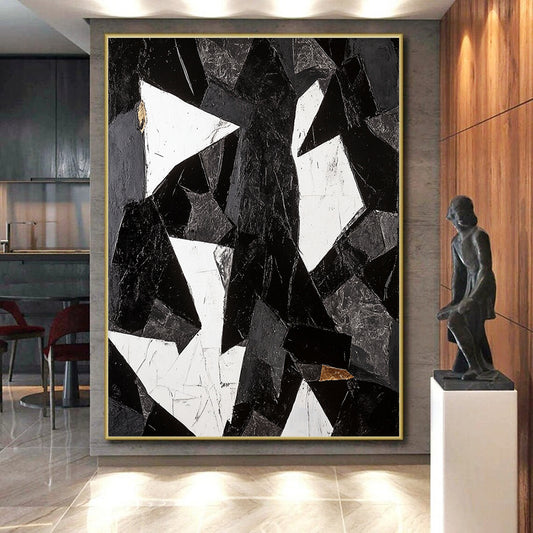 Black, White, Gray and Gold Abstract Shards "Broken Harmony" Painting On Canvas HB343