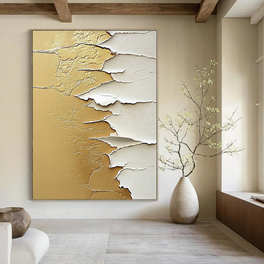 Contemporary abstract painting features textured white paper on golden sand with intricate details in beige and gold tones creating a captivating composition. DLZ1439