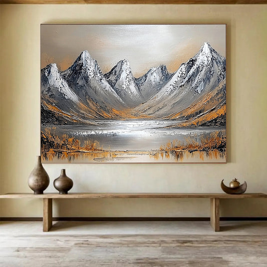 “Textured Mountain Landscape” - Gray, Brown, White, Textured Mountain Scene Painting On Canvas HB0969