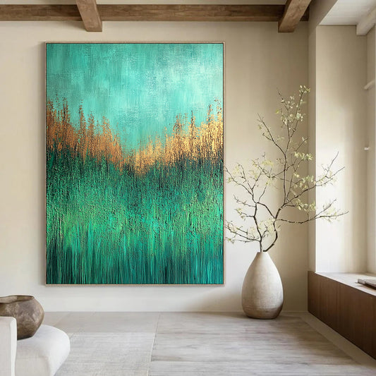 Contemporary abstract painting depicting a textured grassy meadow in aqua green and brown shades on canvas with UHD quality. DLZ0597