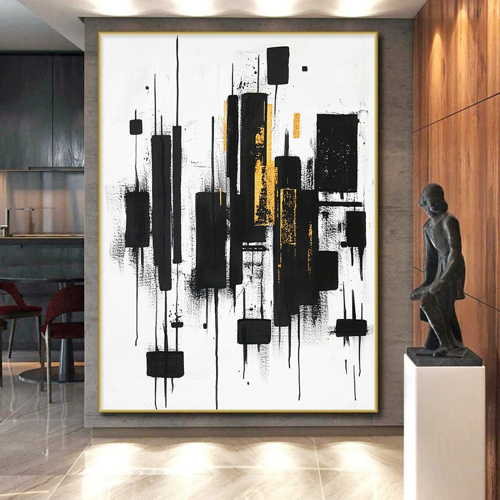 Black, White, Gold and Gray Abstract "Vertical Dynamics" Painting On Canvas HB405