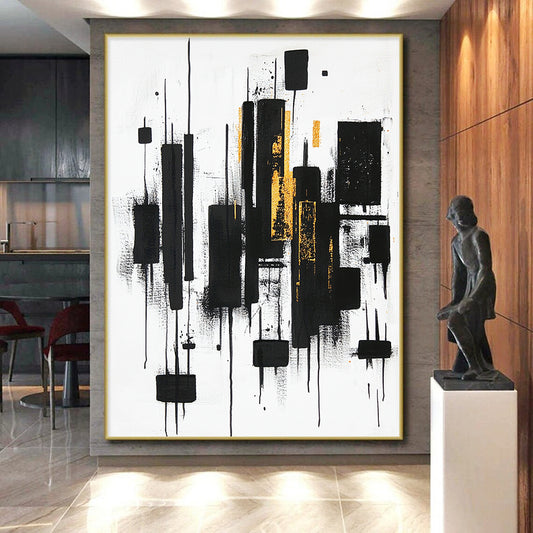 Black, White, Gold and Gray Abstract "Vertical Dynamics" Painting On Canvas HB405