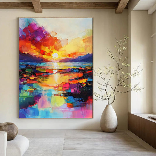 Contemporary abstract painting featuring a vibrant sunset over the sea in a striking oil technique, perfect for enhancing modern spaces. DLZ1701