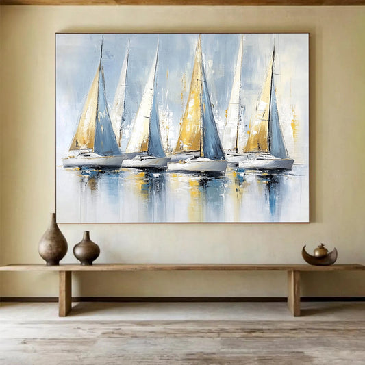 “Blue and Gold Sailboats” - Light Blues, Golds, Whites, Sailboats on Reflective Water - Impasto Oil Painting HB1734