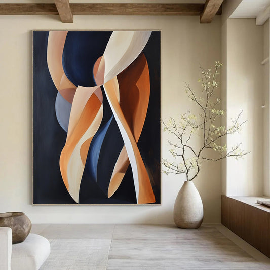 Contemporary abstract artwork featuring dynamic shapes of women's legs in motion against a dark background with light orange and navy blue accents. DLZ1668
