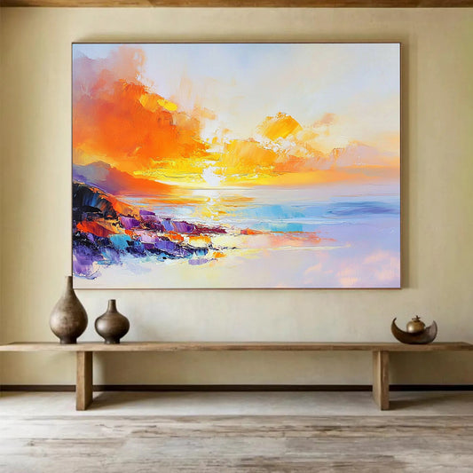 “Vibrant Sunset Coast” - Fiery Oranges, Yellows, Pinks, Colorful Coastal Cliffs - Impasto Oil Painting HB1738