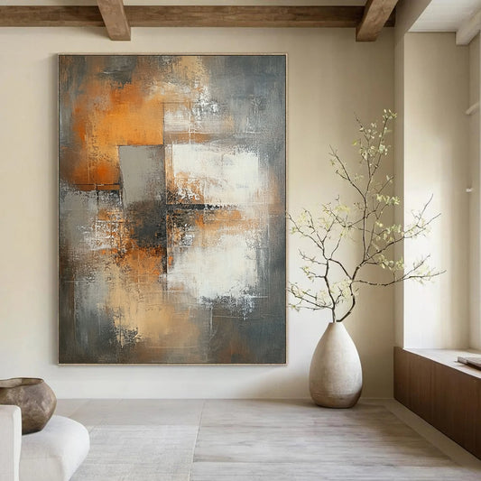 Large contemporary hand-painted abstract artwork featuring faded brown tones, white squares, and a central cross amidst an urban backdrop with expressive brush strokes. DLZ0515
