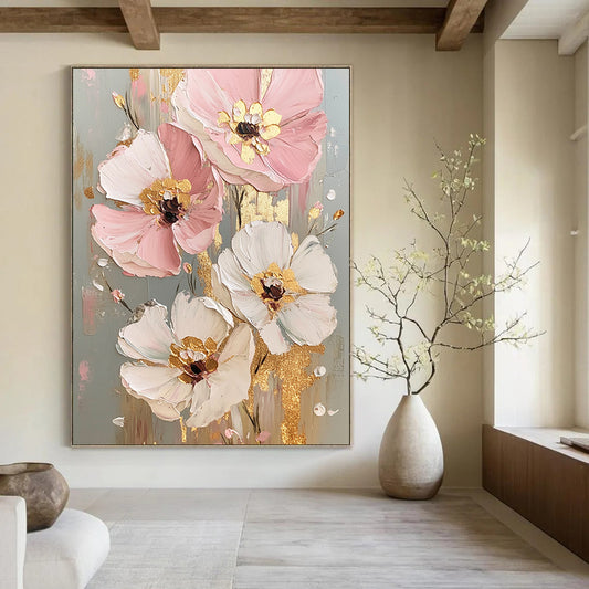 Contemporary hand-painted abstract artwork featuring pastel pink, white, and gold flowers with a textured finish and gold foil accents on a light grey background. DLZ1106