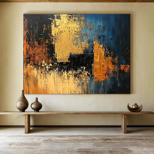 “Blue Gold Abstract” - Blue, black, gold, orange; Textured geometric abstract; Acrylic Painting On Canvas HB1212