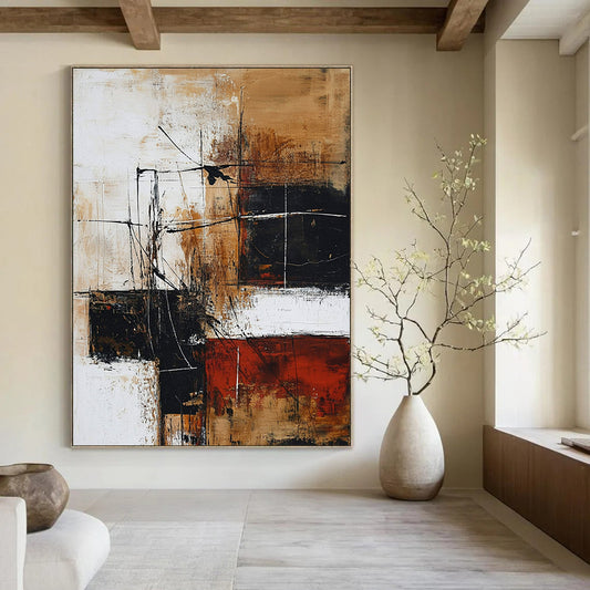 Contemporary hand-painted abstract artwork features brown and black tones on white, creating depth with interlaced shapes and loose strokes. DLZ0734