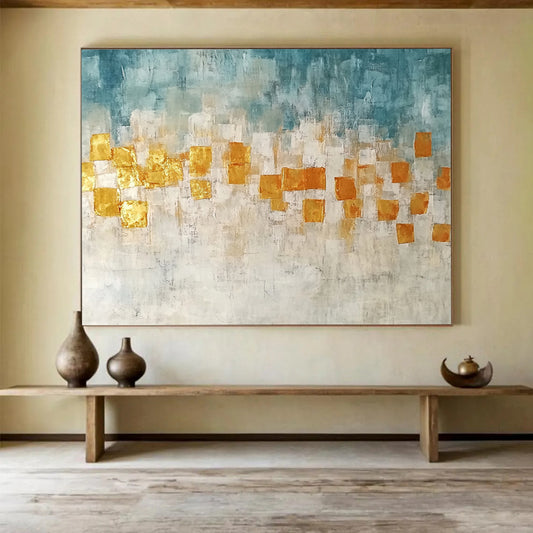 “Golden Squares” - Blue, Gold, White, Abstract Geometric Squares Painting On Canvas HB1048