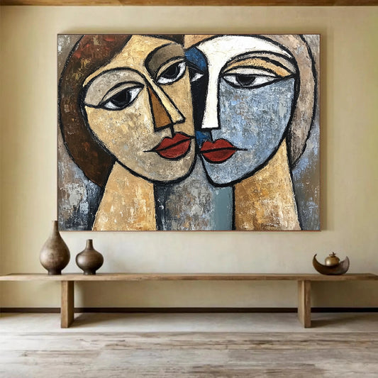 “Two Faces In Cubism” - Beige, Blue, Brown, Cubist Figurative Painting On Canvas HB0681