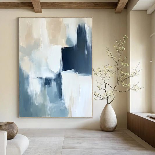 Contemporary abstract painting in soft blue and white with bold brush strokes and subtle black accents, showcasing a minimalist atmosphere and gentle edges. DLZ0529