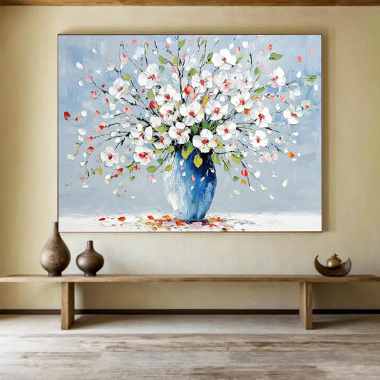 “Colorful Floral Vase” - White, Pink, Red, Green, Blue, Floral Bouquet in a Vase - Impasto Oil Painting HB1782