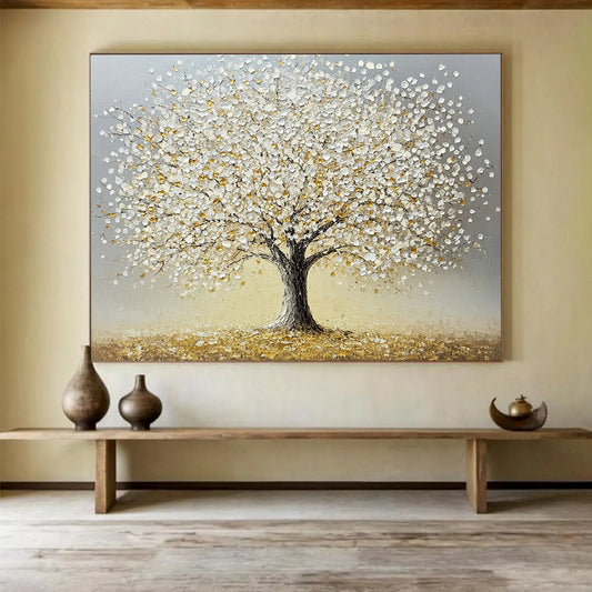 “Silver - Golden Tree” - Gray background, silver leaves, golden accents, Textured Tree Painting On Canvas HB0594