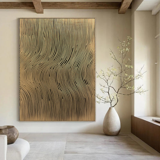 Contemporary abstract artwork features golden sound wave lines on a textured background adding depth and elegance to any space. DLZ1491