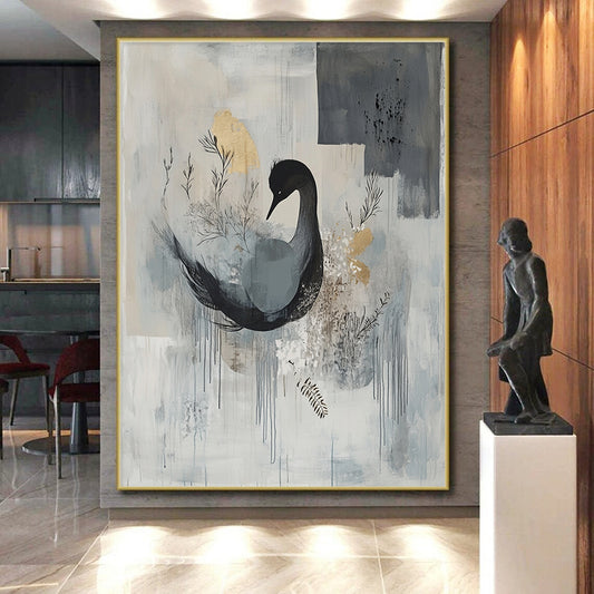 Gray, Blue & Gold with Black Swan - “Elegant Avian Serenity” Painting On Canvas HB207