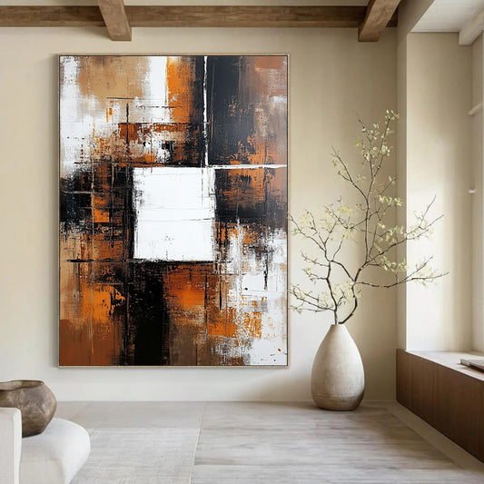 Contemporary hand-painted abstract artwork features a brown and white background with color blocks, a central white square, dark orange accents, and neutral tones. DLZ0701