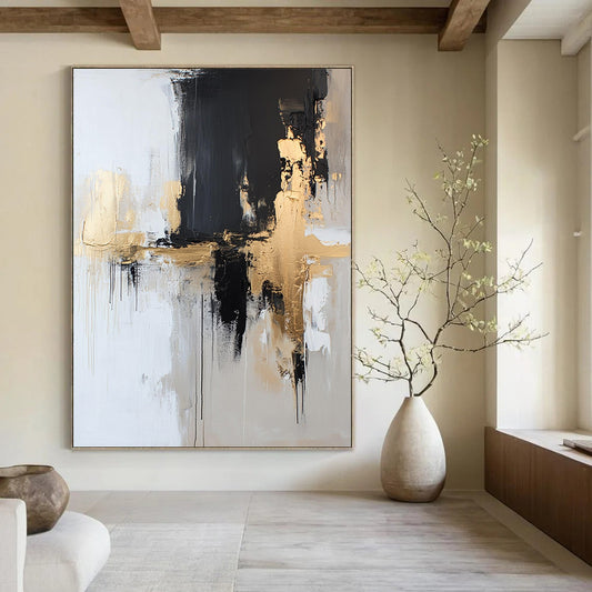 Contemporary hand-painted abstract artwork in neutral tones with gold accents, blending black and white elements for a striking visual impact. DLZ0518