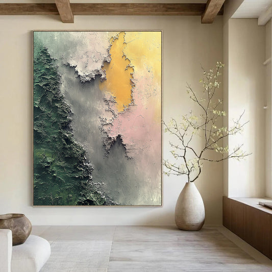 Contemporary hand-painted abstract art features aerial topography in soft greens and grays with islands in light pink and dark gray evoking mystery. DLZ0568