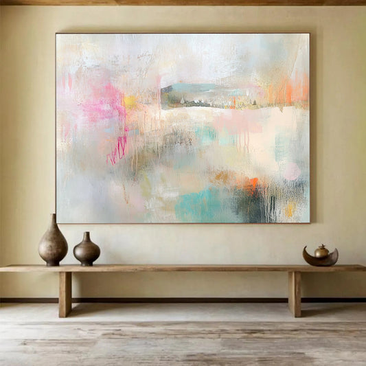 “Soft Pastel Abstract Landscape” - Pastel Pink, Blue, Green, Beige with Hazy Forms - Painting On Canvas HB1376