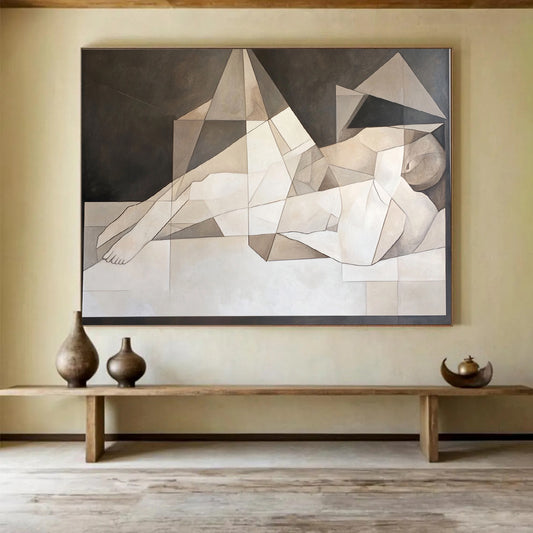 “Geometric Reclining Figure” - Neutral tones, angular shapes, Cubist - Inspired Painting On Canvas HB0570