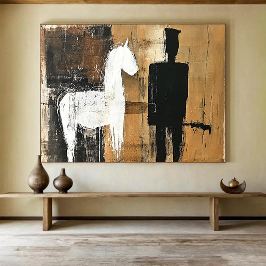 Brown, Black, and White Silhouettes - “Equestrian Silhouette” Painting On Canvas HB1455
