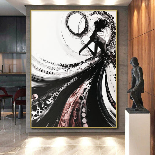 Black, White, Pink, Swirling Silhouette "Elegant Ink Silhouette" Abstract Figurative Painting On Canvas HB176