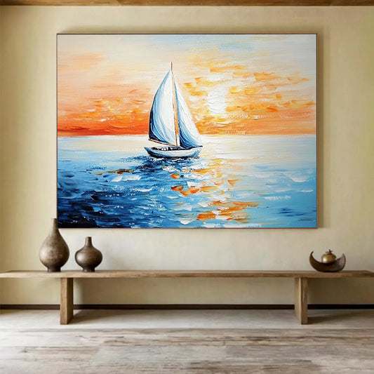 “Single Sailboat at Sunset” - Oranges, Reds, Blues, Solitary Sailboat on the Sea - Impasto Oil Painting HB1737