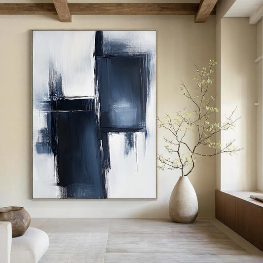 Large contemporary hand-painted abstract artwork featuring light navy and white tones with dark gray brush strokes and minimalist high contrast design. DLZ1649