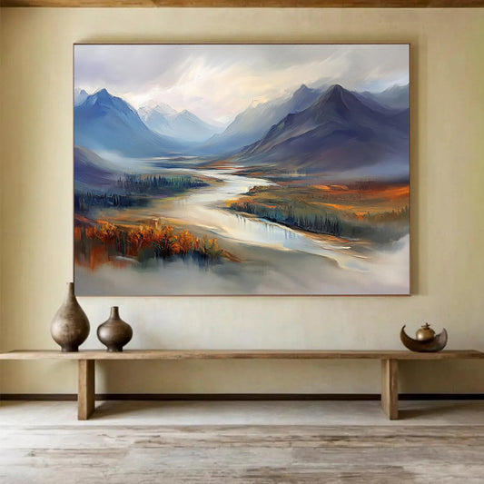 Misty Mountain Valley with River - Ethereal Landscape Painting On Canvas HB0452