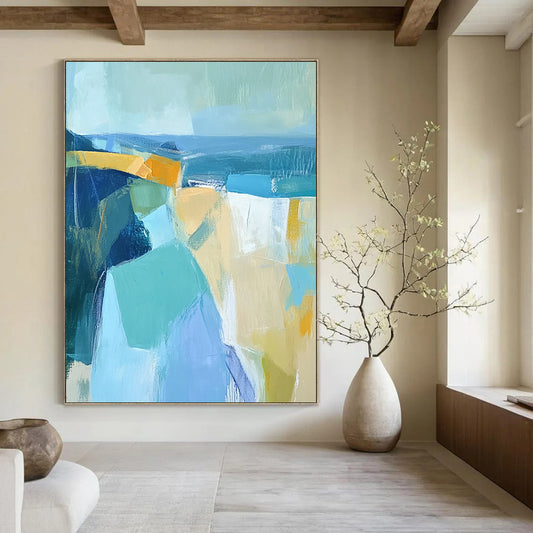 Contemporary abstract artwork features thick brushstrokes and geometric forms in muted blues and yellows, perfect for enhancing any modern space. DLZ0896