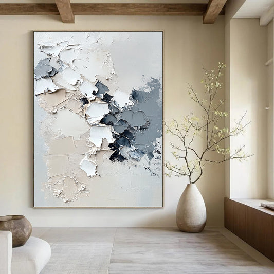 Contemporary hand-painted abstract artwork featuring melting snowflakes, impasto texture, and a serene white background in neutral tones. DLZ0629