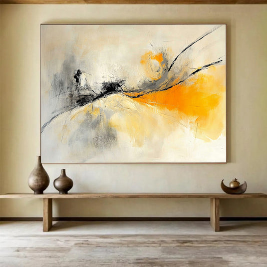 “Ethereal Strokes” - Gray, Yellow, Black, Flowing Lines - Abstract Oil Painting HB1534