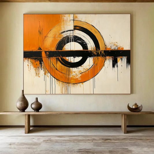 “Orange, Black, and White Abstract Circles” - Orange, black, white; Abstract circles with drips; Acrylic Painting On Canvas HB1224
