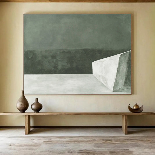“Monochrome Minimalist Block” - Dark green backdrop with a stark white geometric form, Minimalist Abstract Painting On Canvas HB0537