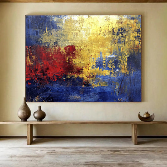 “Golden Red Abstract” - Blue, Gold, Red, Textured Color Blocks Painting On Canvas HB0945