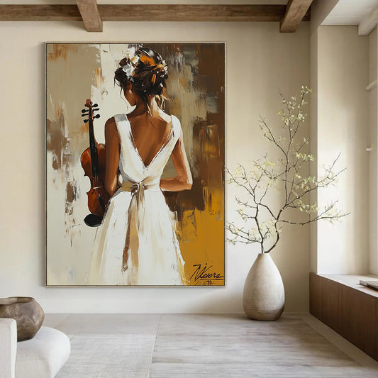 Contemporary abstract painting featuring a woman in a white dress holding a violin, inspired by the elegance of Peter Wileman. DLZ1129