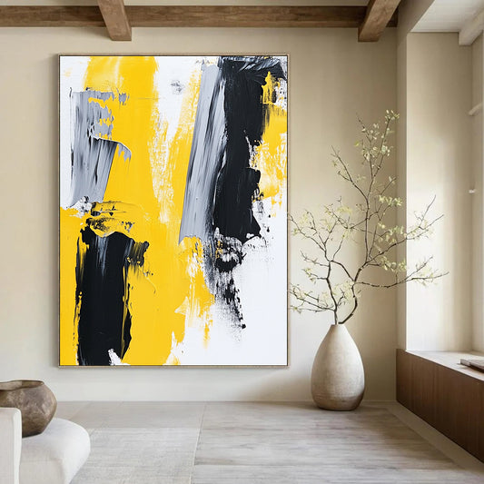 Large contemporary hand-painted abstract art featuring thick brush strokes in yellow and grey on a white background reflecting minimalism and modern expression. DLZ0774