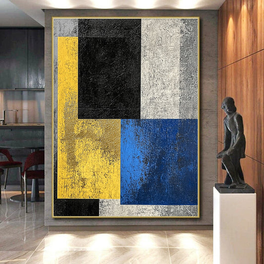 Black, Yellow, Gold, Blue, Gray with Textured Blocks "Colorful Contrast" Abstract Painting On Canvas HB010