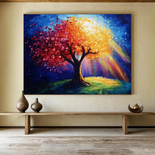 “Magical Tree with Colorful Blossoms and Light” - Blue, Red, Orange, Yellow, Magical Tree Scene - Fantasy Acrylic Painting HB1639