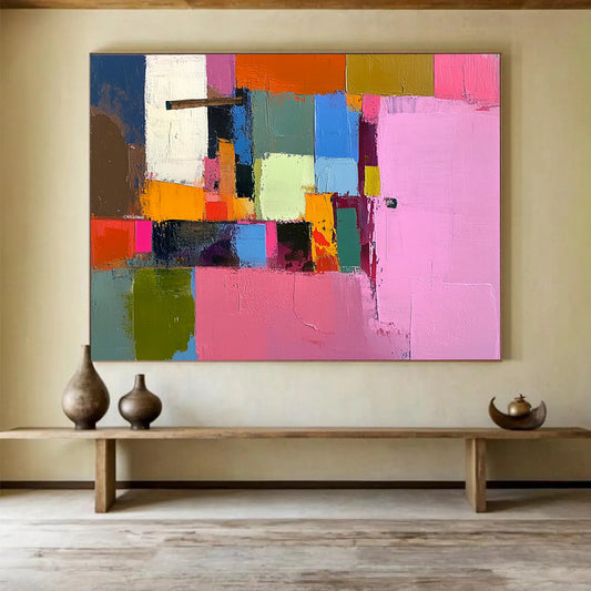 “Colorful Cubes” - Pink, Orange, Blue, Green, Abstract Cubist Blocks Painting On Canvas HB1058