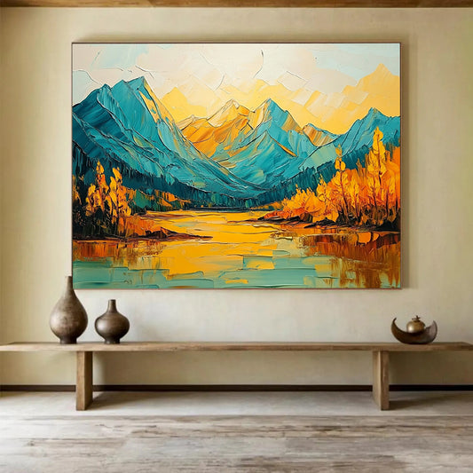 “Vibrant Mountain Reflection” - Blues, Yellows, Oranges, Mountain Lake with Bold Reflections - Impasto Oil Painting HB1714