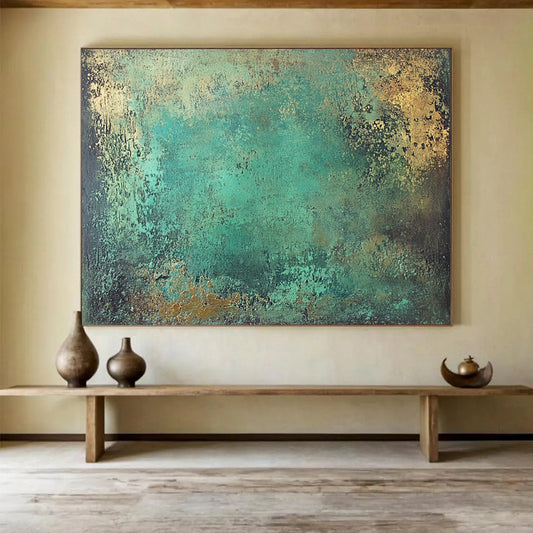 “Teal - Gold Textured Canvas” - Vibrant teal with gold accents, Textural Abstract Painting On Canvas HB0550