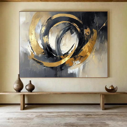 “Swirling Gold - Gray Circles” - Gold, Gray, Swirling Circles Painting On Canvas HB0793